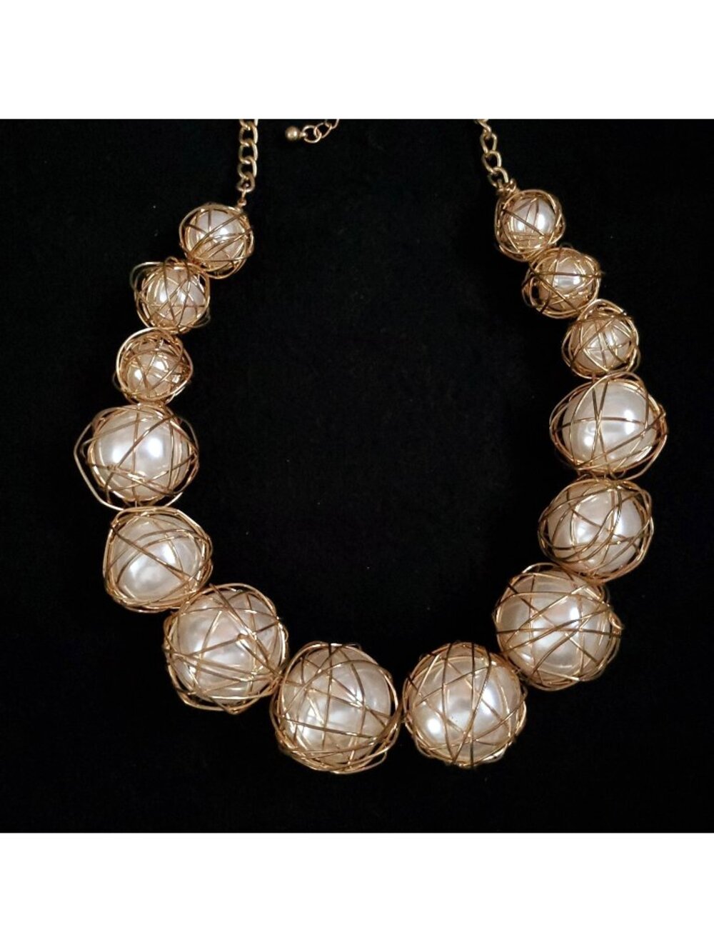 Chunky Statement Necklace Gold Tone Wire Wrap Faux Pearls Runway 23"